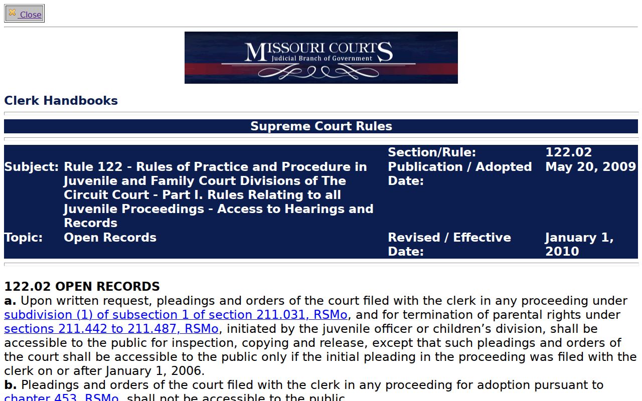 Christian County criminal docket Missouri juvenile record access rule