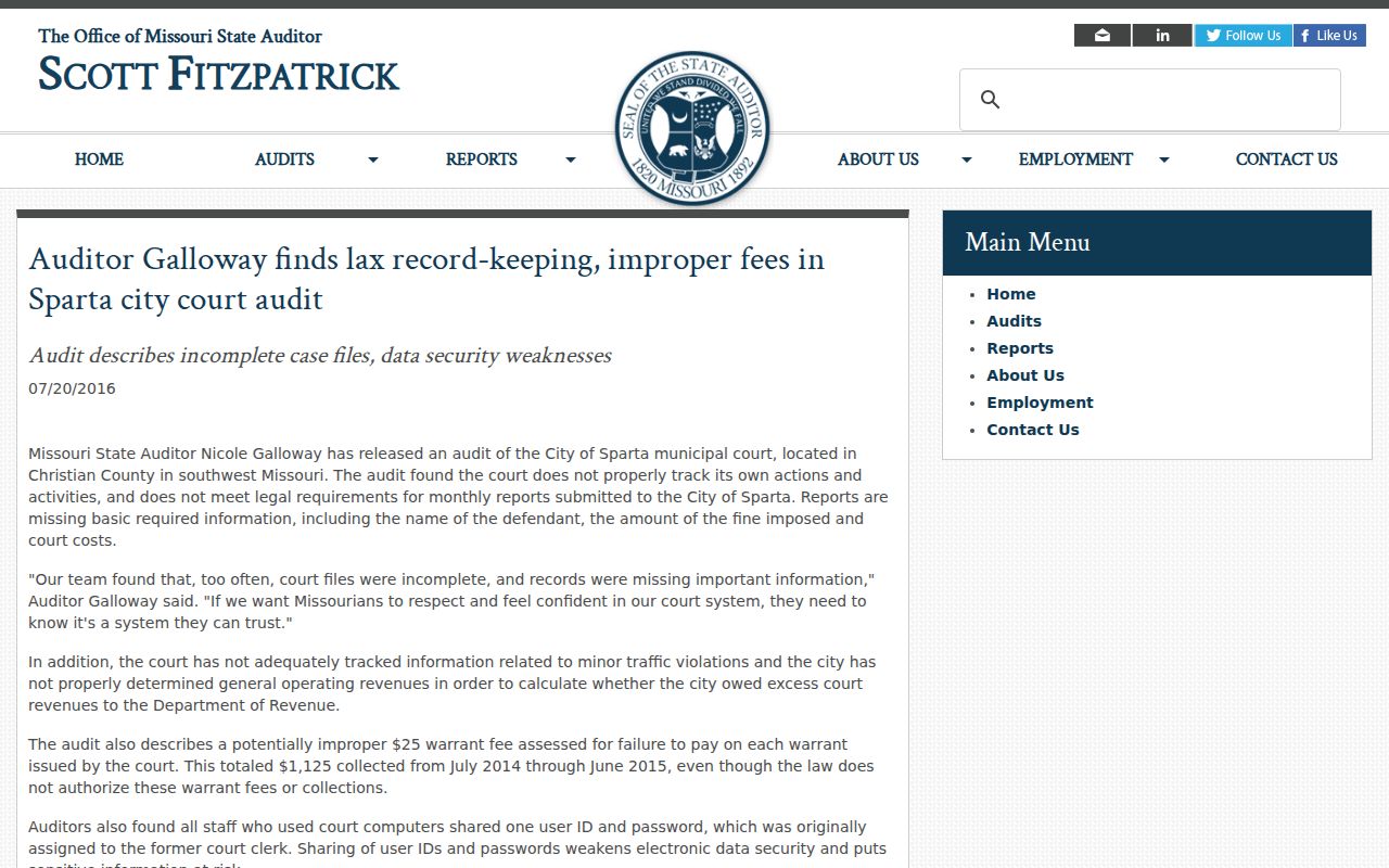 Sparta court-docket Missouri State Auditor municipal court audit record